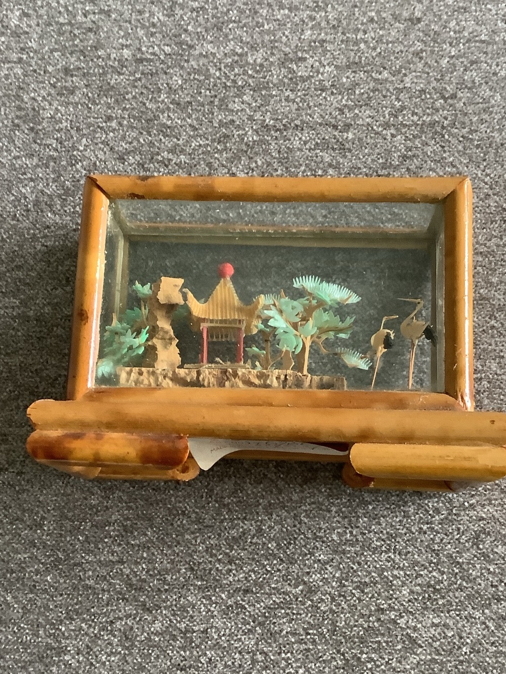 Vintage Style Amber Bamboo Shadow Box with Miniature Pagoda Scene